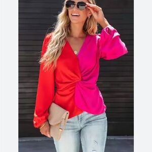 Express Colorblock Twist V-Neck Blouse - Red & Hot Pink